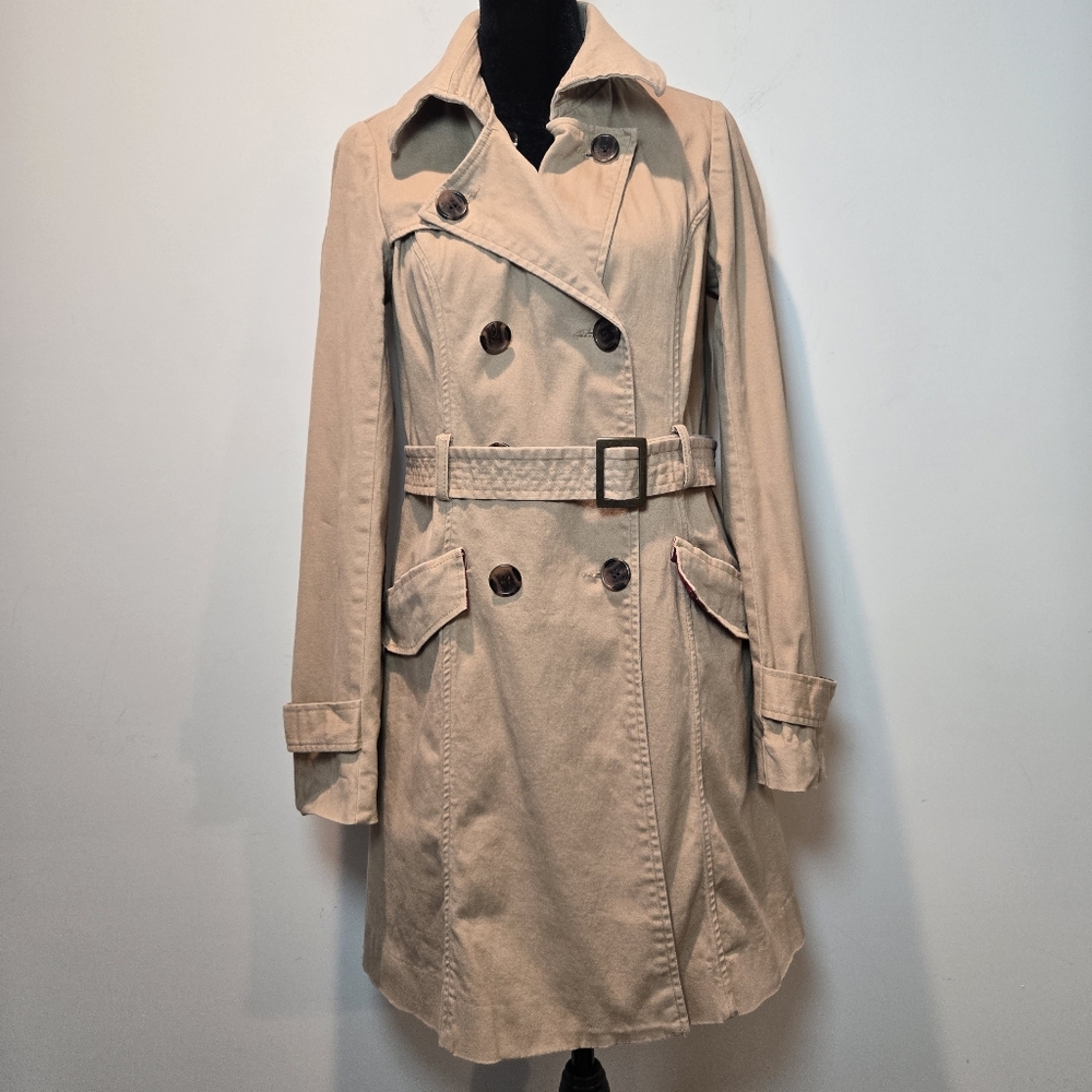 I Love H81 Junior's Y2k Beige Tan Button Up Trench Coat With Belt Medium